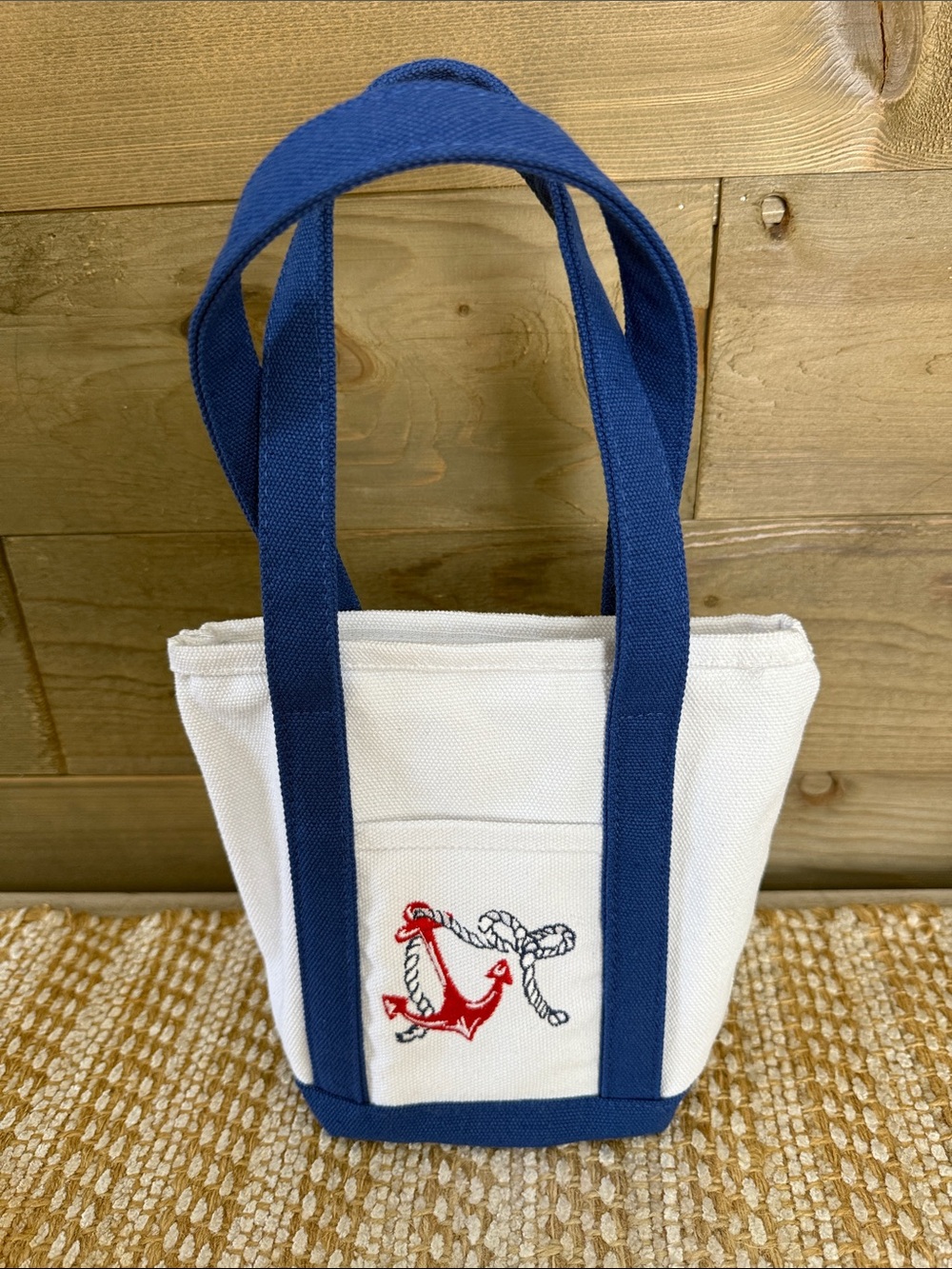 Canvas Tote Bag with Navy Handles and Red Anchor Embroidery